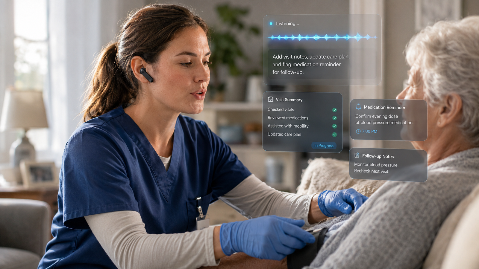 Caregiver using voice AI to update care notes